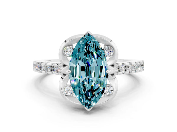 Platinum Marquise Cut Blue Topaz Ring with Pavé Band and Floral Prong Setting