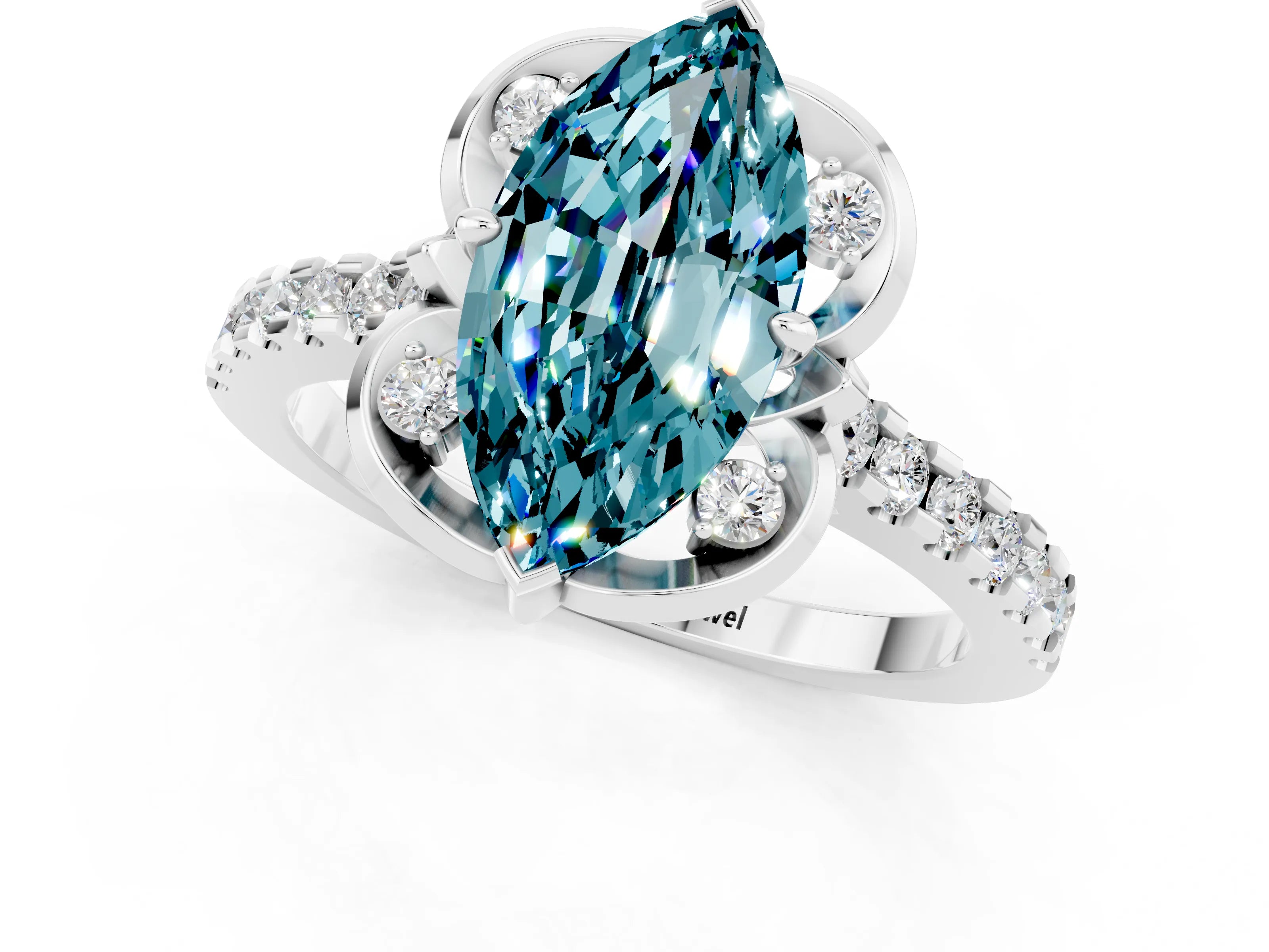 White gold Marquise Cut Blue Topaz Ring with Pavé Band and Floral Prong Setting_1
