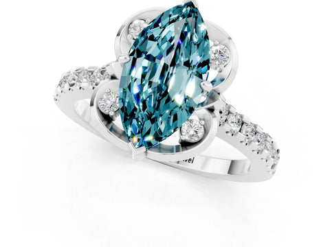 White gold Marquise Cut Blue Topaz Ring with Pavé Band and Floral Prong Setting_1