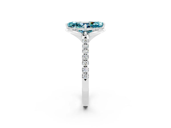 Silver Marquise Cut Blue Topaz Ring with Pavé Band and Floral Prong Setting