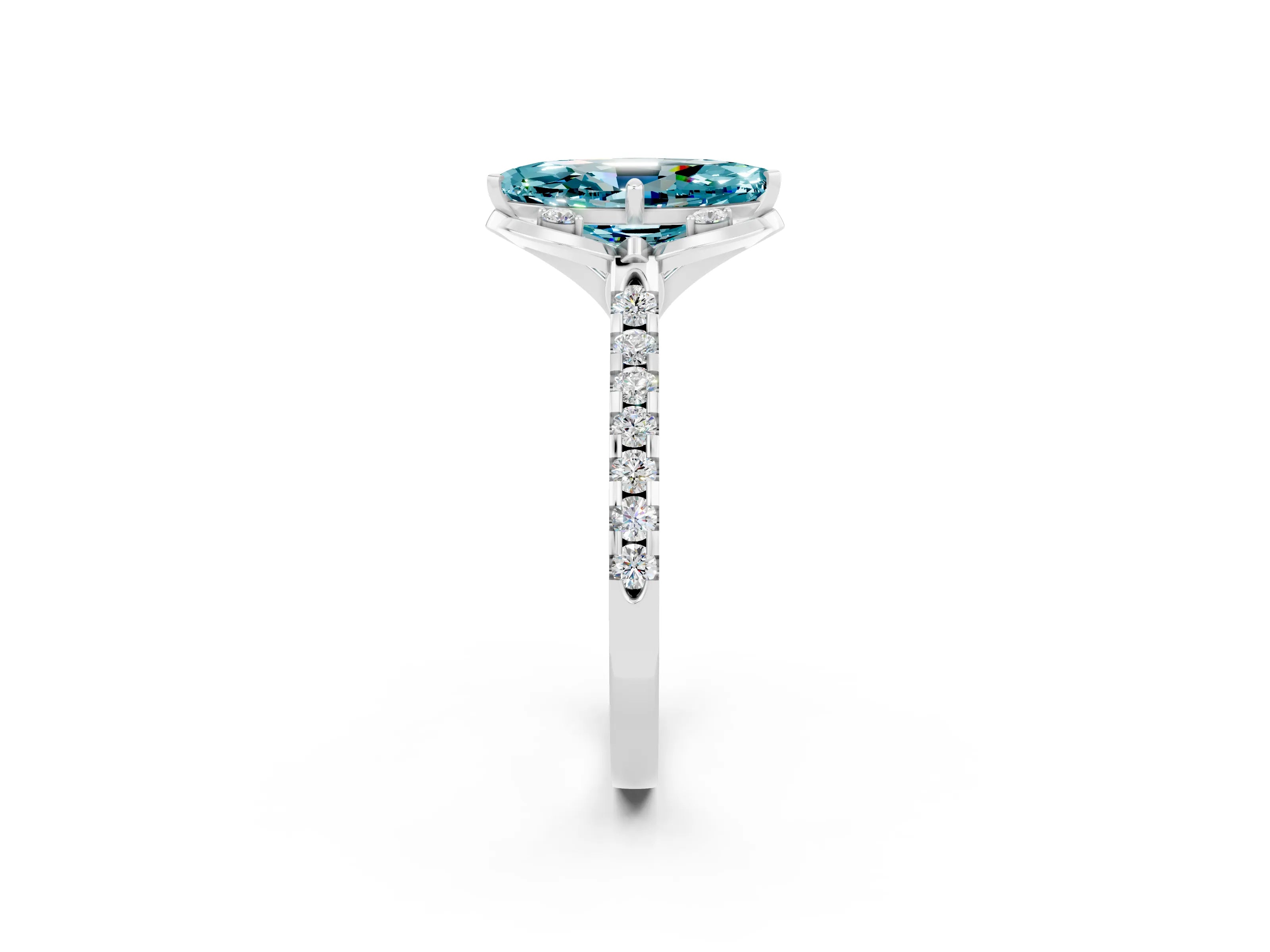 White gold Marquise Cut Blue Topaz Ring with Pavé Band and Floral Prong Setting_2