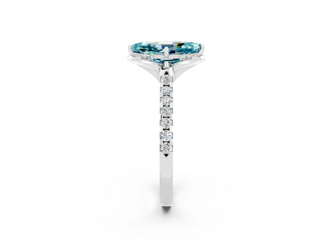 White gold Marquise Cut Blue Topaz Ring with Pavé Band and Floral Prong Setting_2