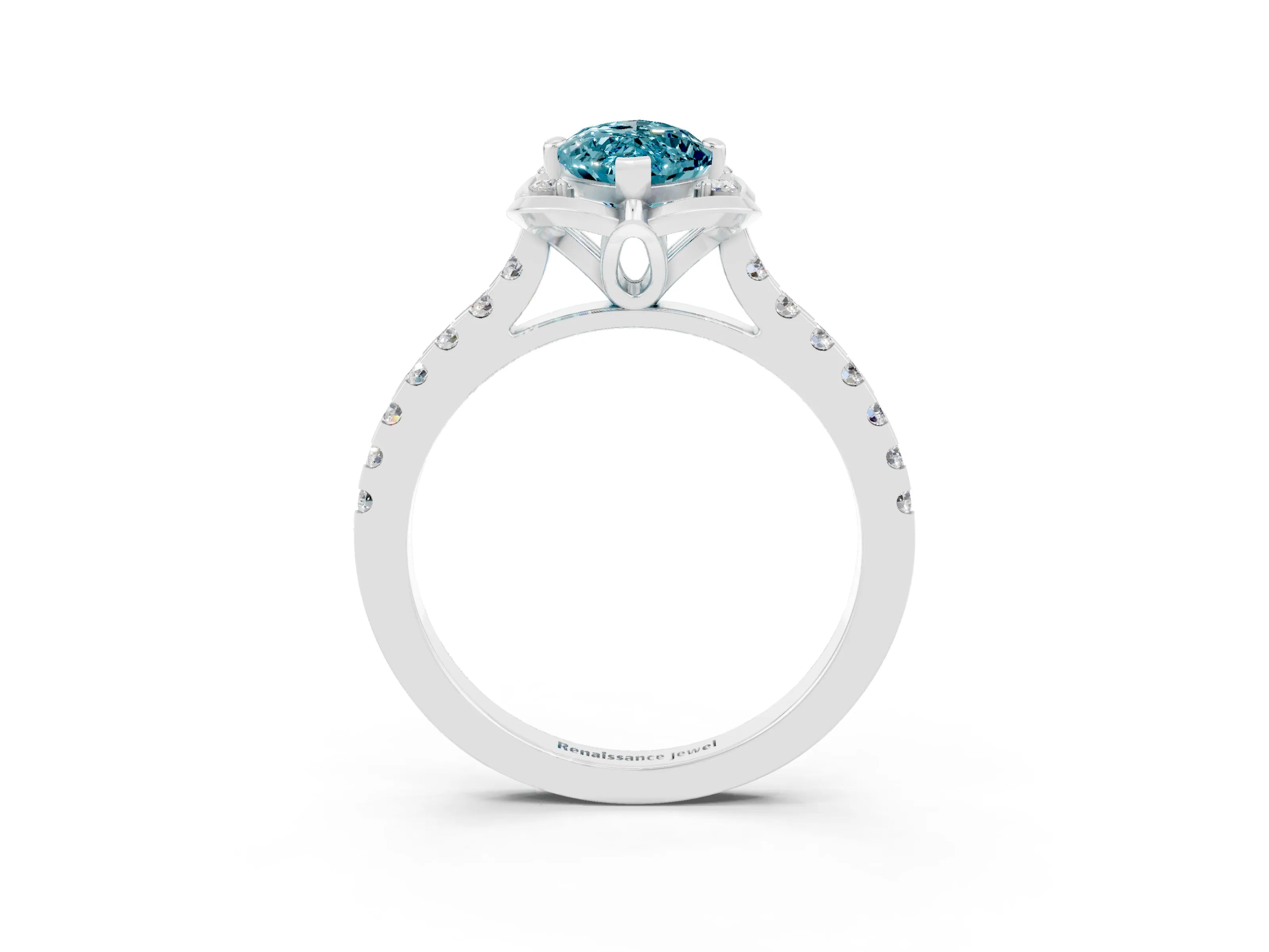 White gold Marquise Cut Blue Topaz Ring with Pavé Band and Floral Prong Setting_3