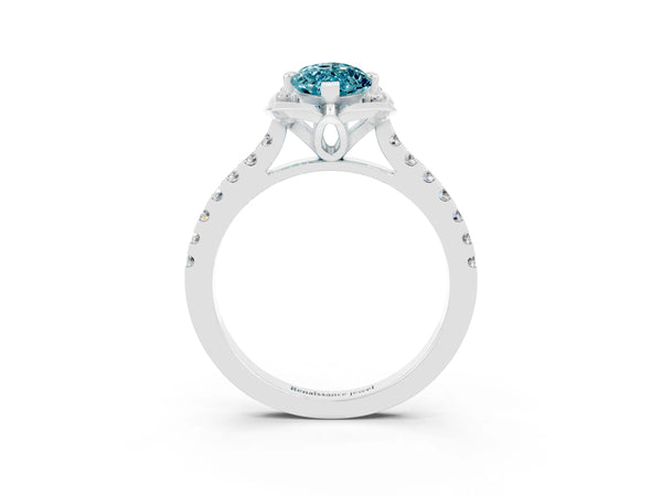 White gold Marquise Cut Blue Topaz Ring with Pavé Band and Floral Prong Setting