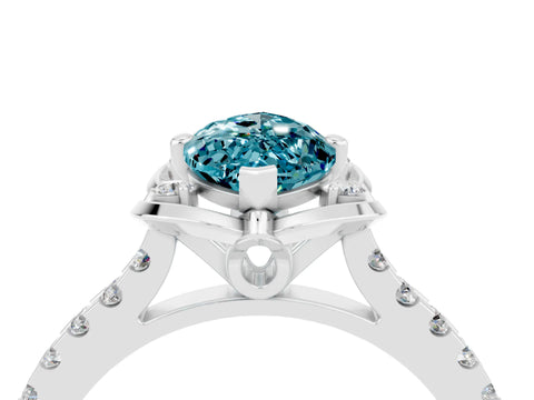 White gold Marquise Cut Blue Topaz Ring with Pavé Band and Floral Prong Setting_4