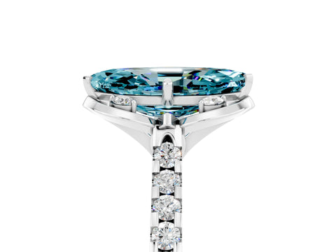 White gold Marquise Cut Blue Topaz Ring with Pavé Band and Floral Prong Setting_5