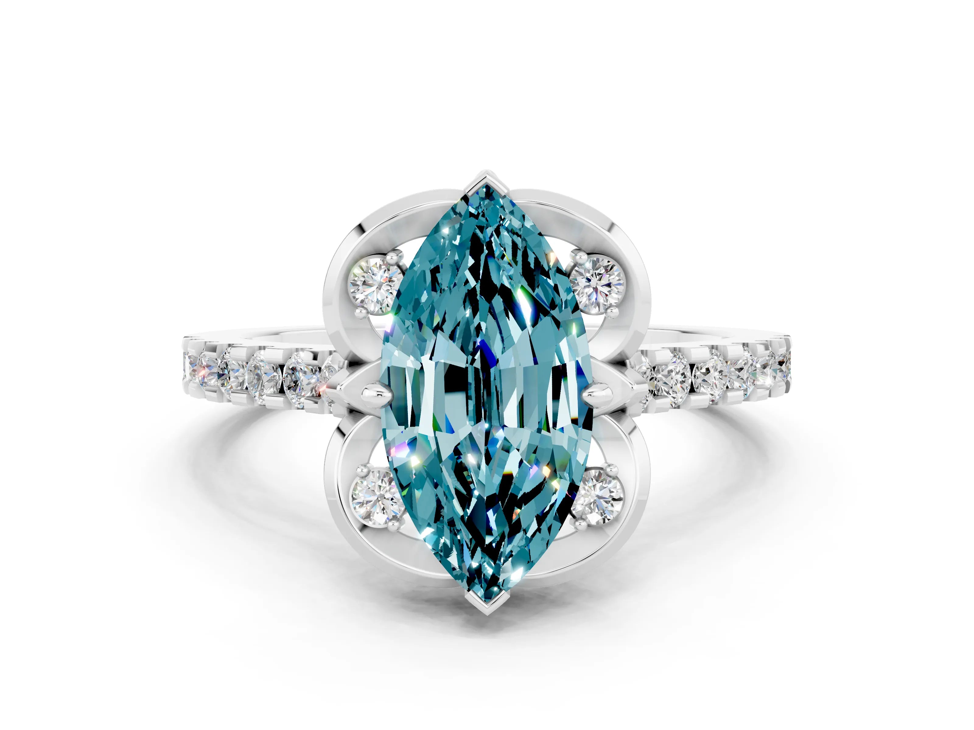 White gold Marquise Cut Blue Topaz Ring with Pavé Band and Floral Prong Setting