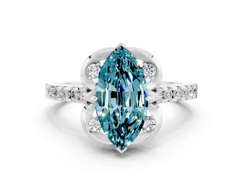 White gold Marquise Cut Blue Topaz Ring with Pavé Band and Floral Prong Setting