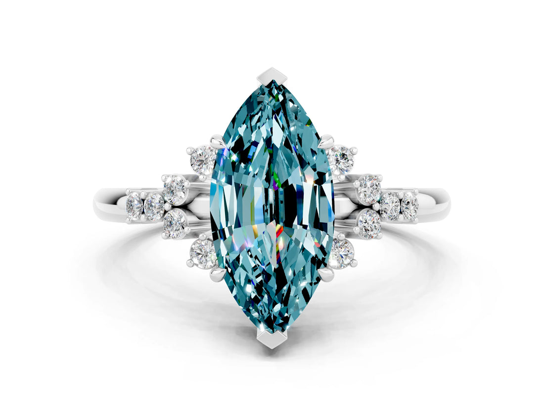 White gold Marquise Cut Blue Topaz Ring with Side Stones and Four-Prong Setting_54