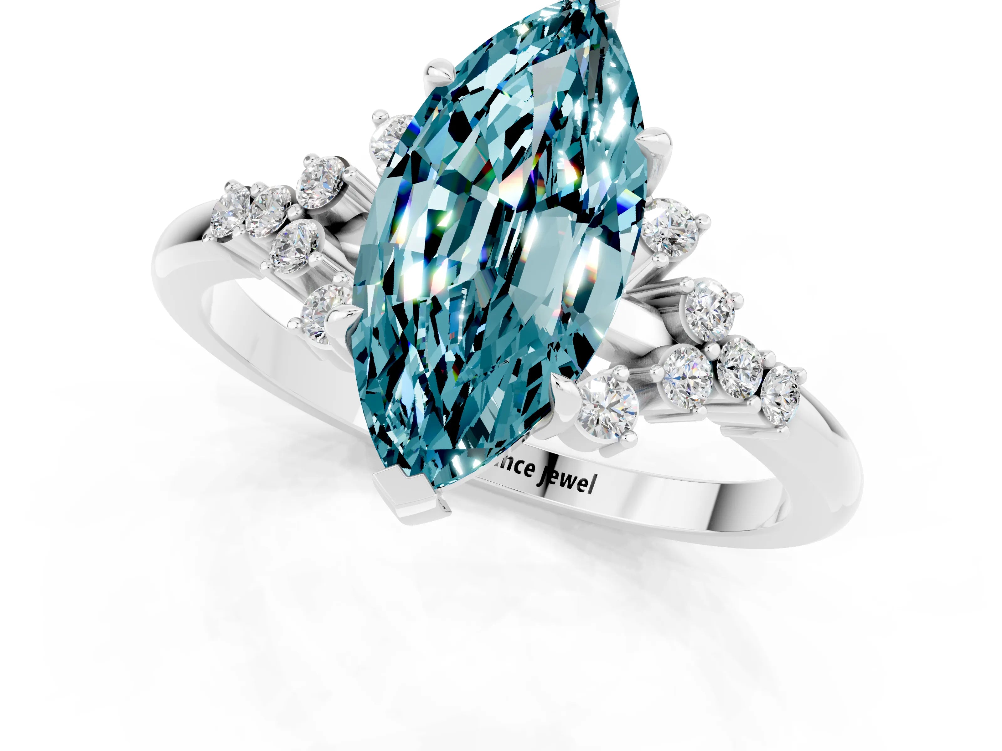 White gold Marquise Cut Blue Topaz Ring with Side Stones and Four-Prong Setting_55