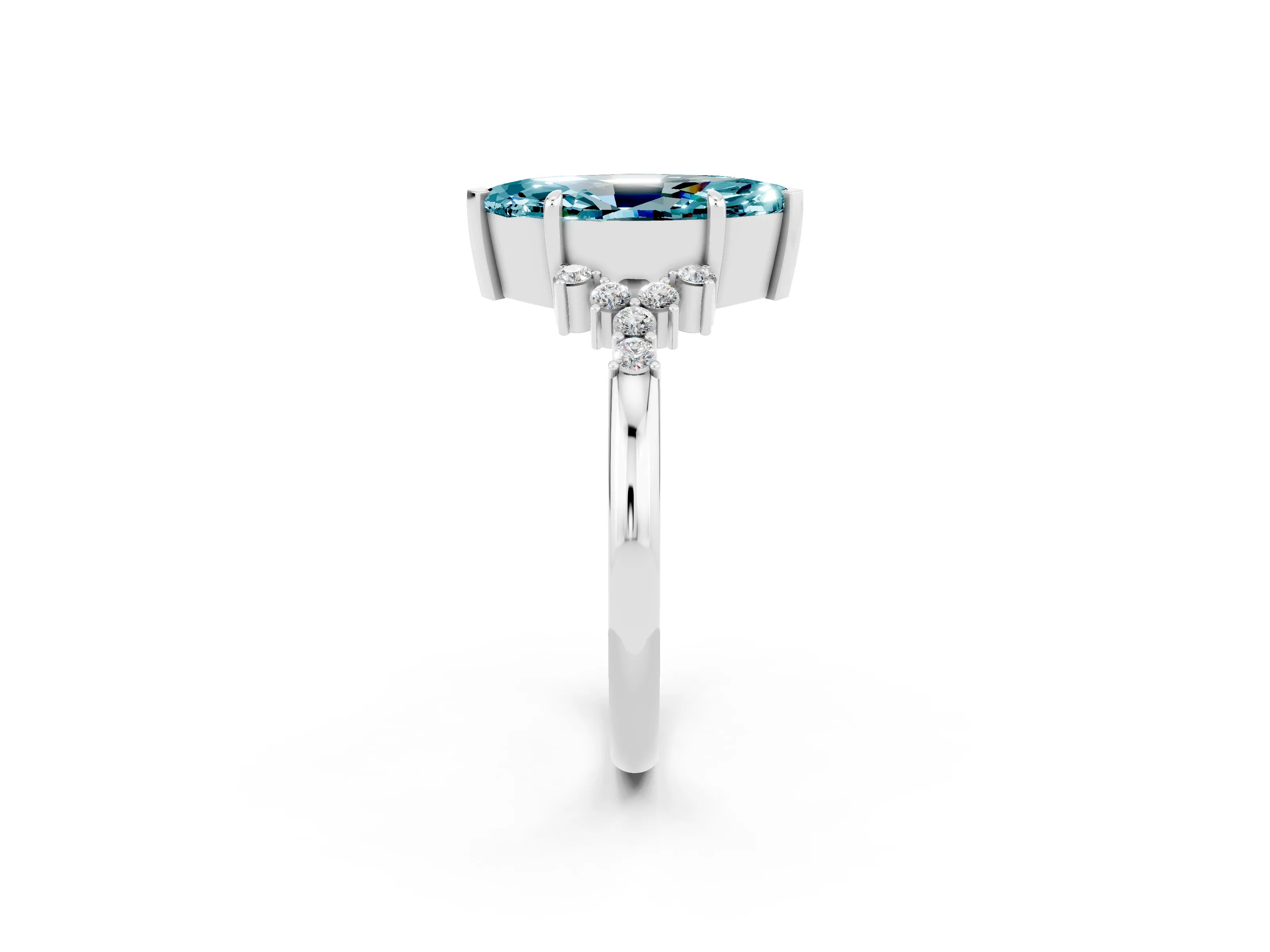 White gold Marquise Cut Blue Topaz Ring with Side Stones and Four-Prong Setting_62