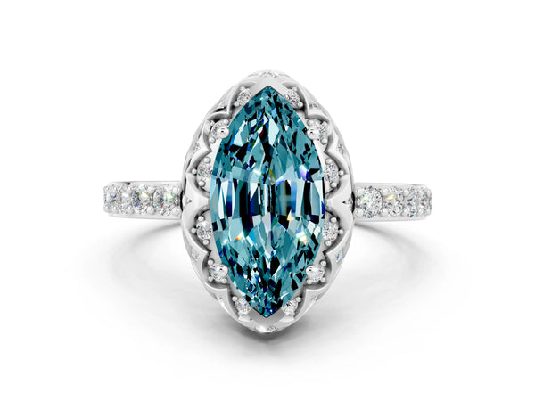 Platinum Marquise Cut Blue Topaz Scalloped Halo Engagement Ring with Round Shared Prong Band