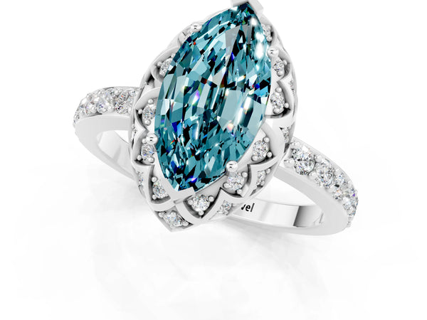 Platinum Marquise Cut Blue Topaz Scalloped Halo Engagement Ring with Round Shared Prong Band