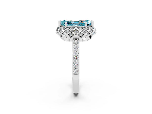 Silver Marquise Cut Blue Topaz Scalloped Halo Engagement Ring with Round Shared Prong Band
