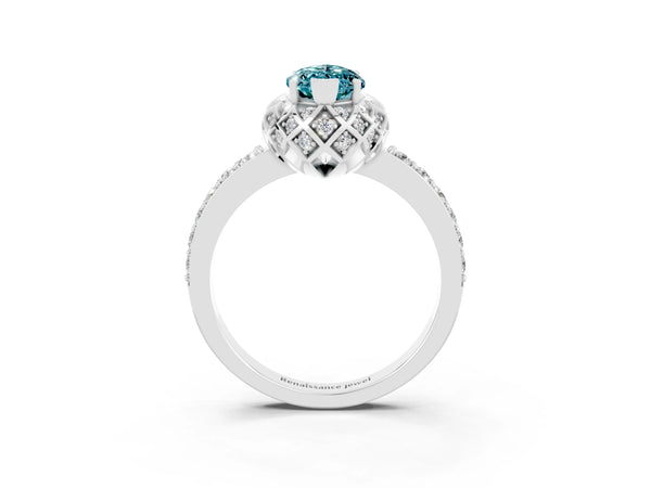 Platinum Marquise Cut Blue Topaz Scalloped Halo Engagement Ring with Round Shared Prong Band