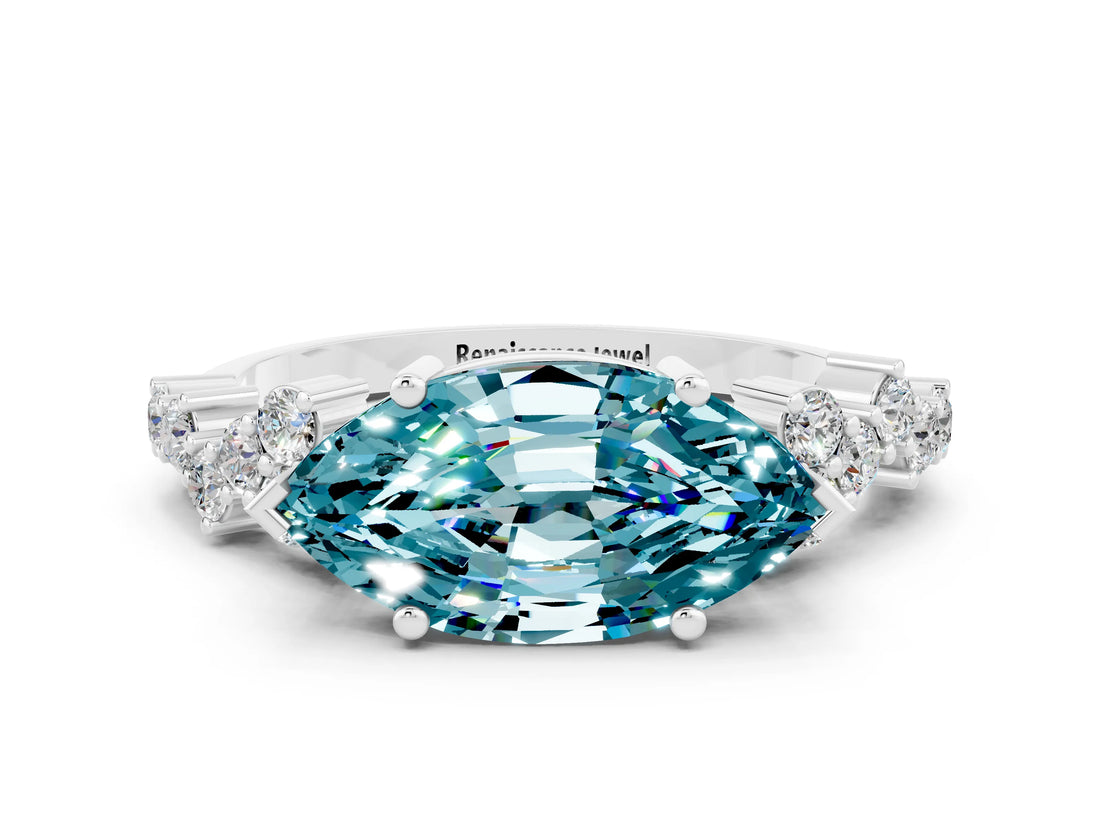 White gold Marquise Cut Blue Topaz Scattered Round Accent Ring with Prong Setting_24