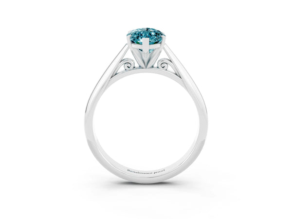 Silver Marquise Cut Blue Topaz Solitaire Engagement Ring with Cathedral Setting and Four-Prong Mount