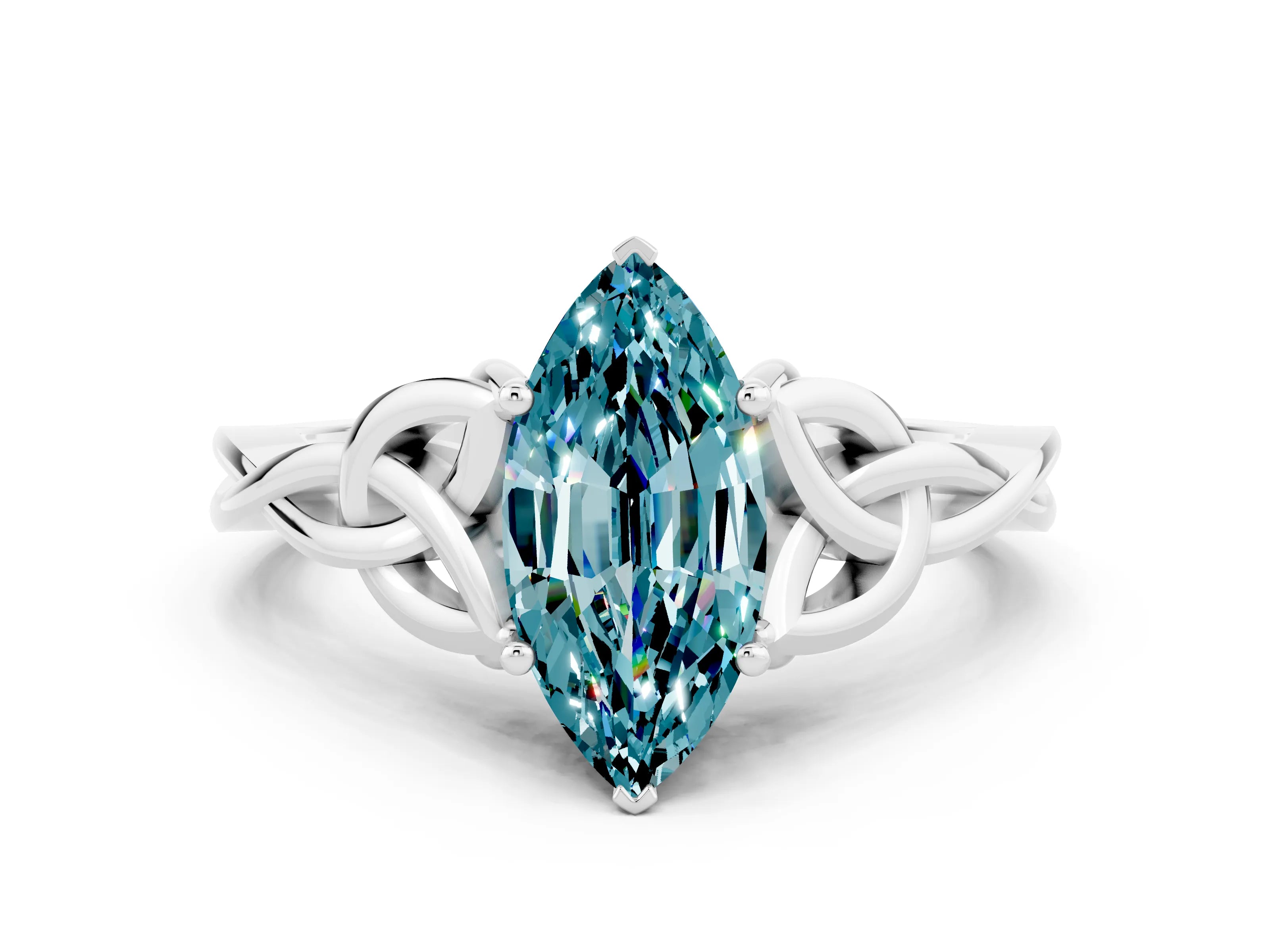 White gold Marquise Cut Blue Topaz Solitaire Engagement Ring with Celtic Knot Band and Four-Prong Setting