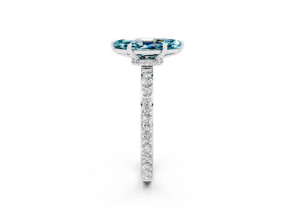 Platinum Marquise Cut Blue Topaz Solitaire Engagement Ring with Pavé Band and Four-Prong Setting