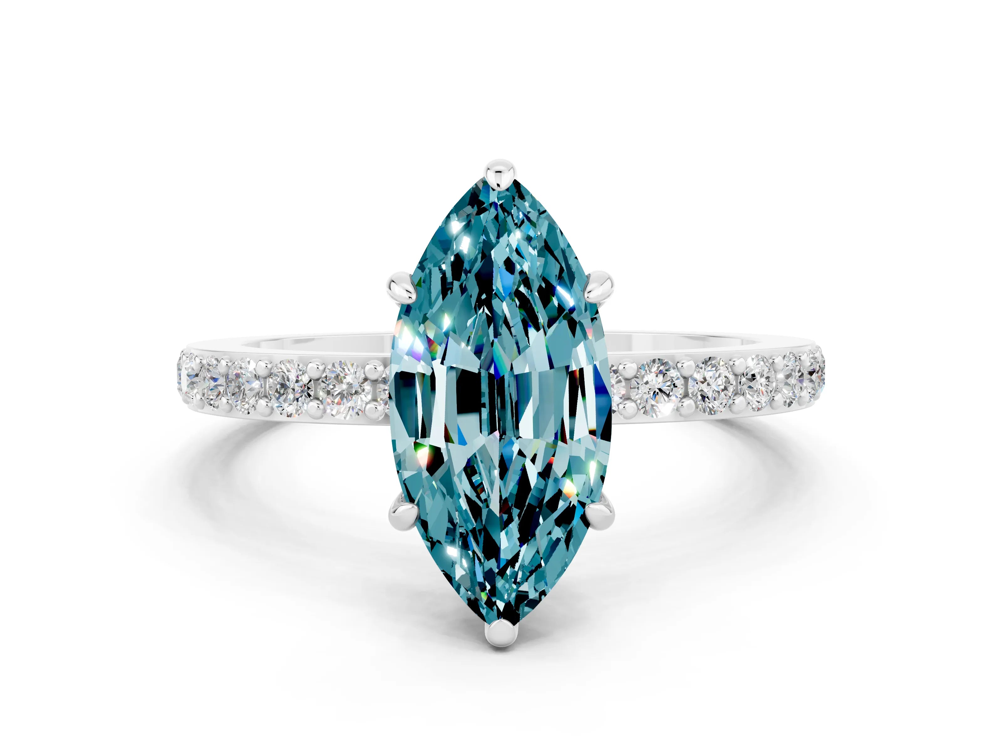 White gold Marquise Cut Blue Topaz Solitaire Engagement Ring with Pavé Band and Four-Prong Setting