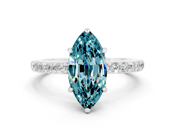 White gold Marquise Cut Blue Topaz Solitaire Engagement Ring with Pavé Band and Four-Prong Setting
