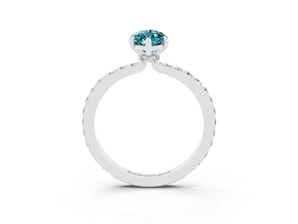 Platinum Marquise Cut Blue Topaz Solitaire Engagement Ring with Pavé Band and Four-Prong Setting