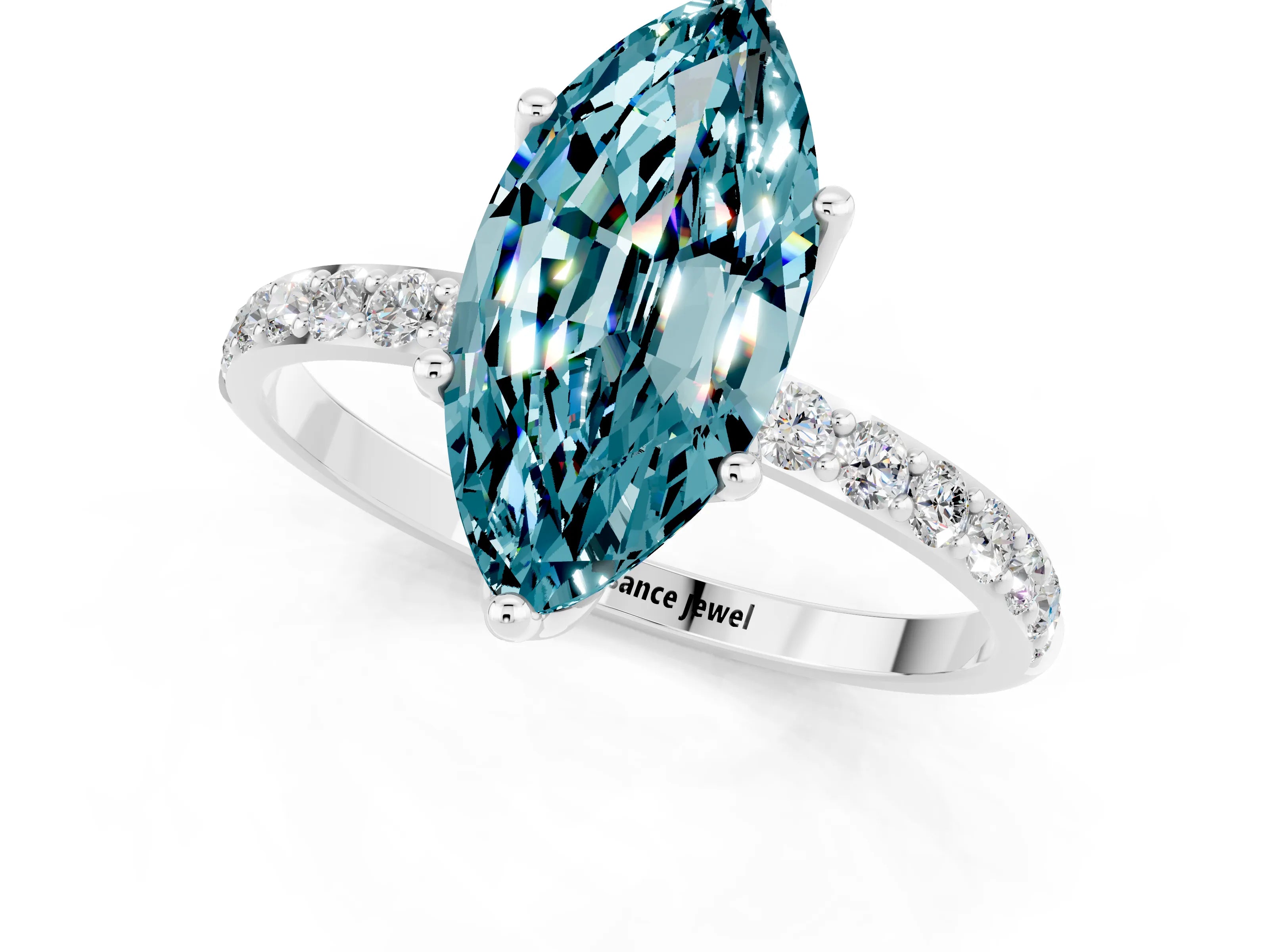 White gold Marquise Cut Blue Topaz Solitaire Engagement Ring with Pavé Band and Prong Setting_1