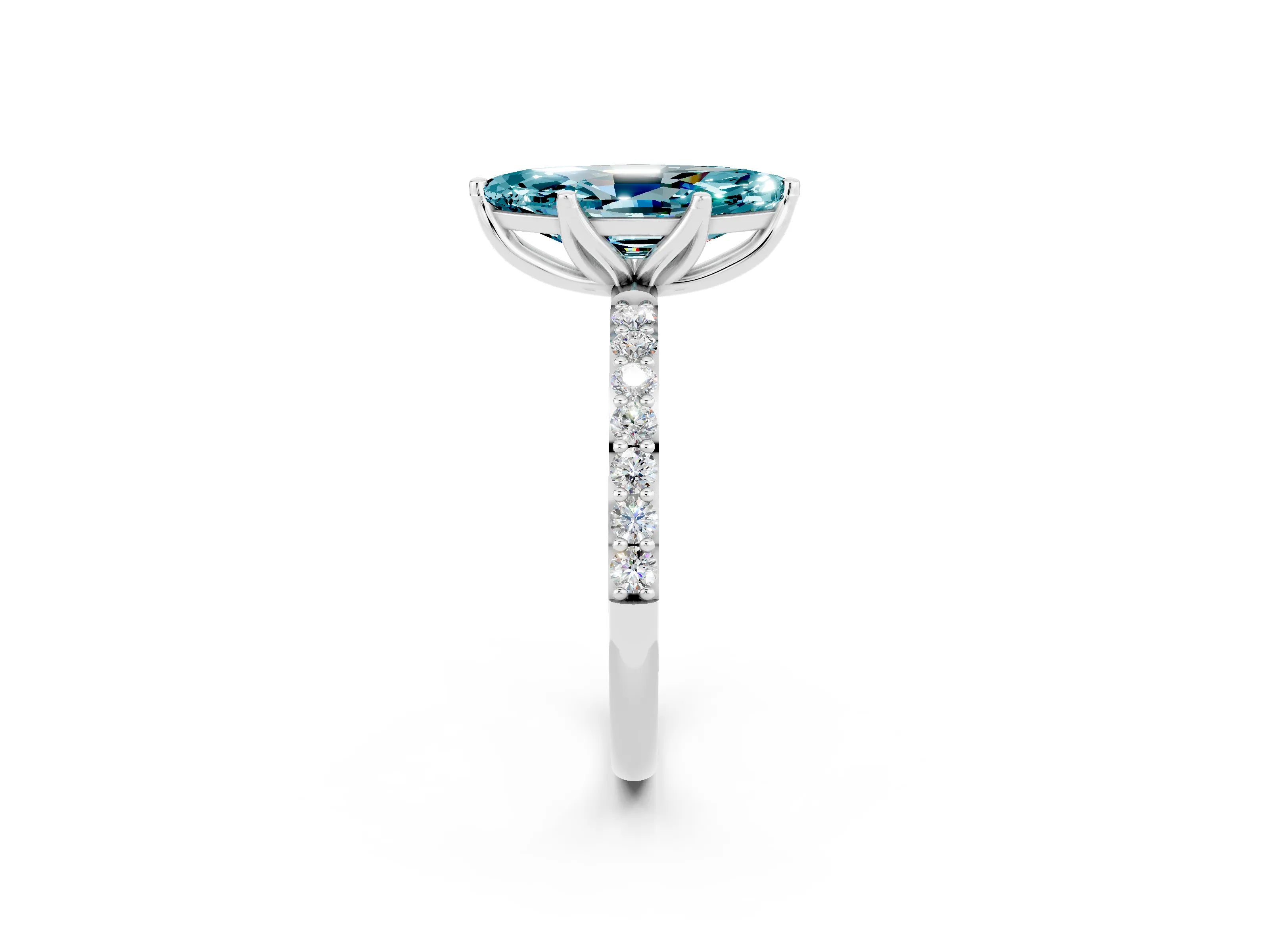 White gold Marquise Cut Blue Topaz Solitaire Engagement Ring with Pavé Band and Prong Setting_2