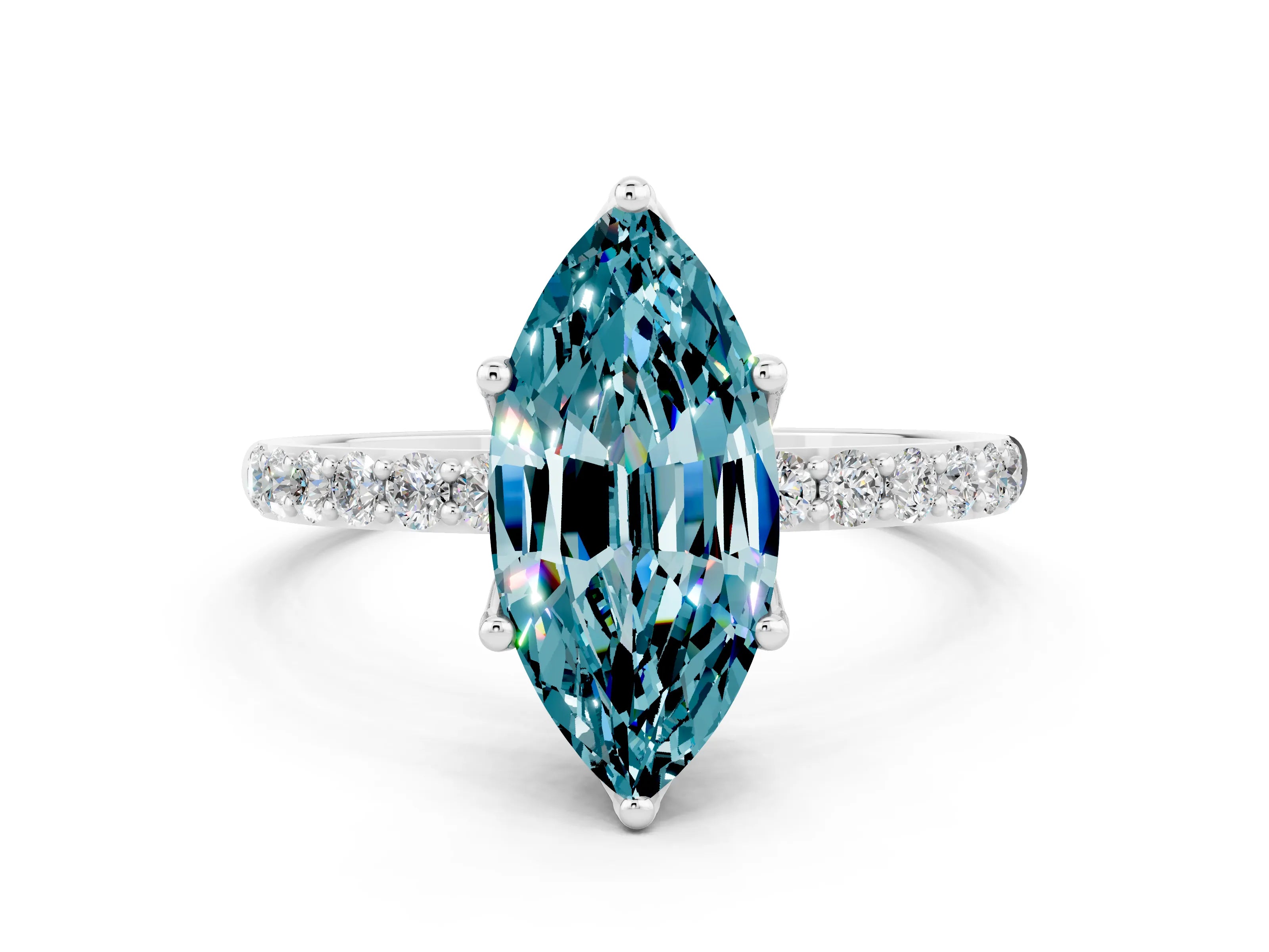 White gold Marquise Cut Blue Topaz Solitaire Engagement Ring with Pavé Band and Prong Setting