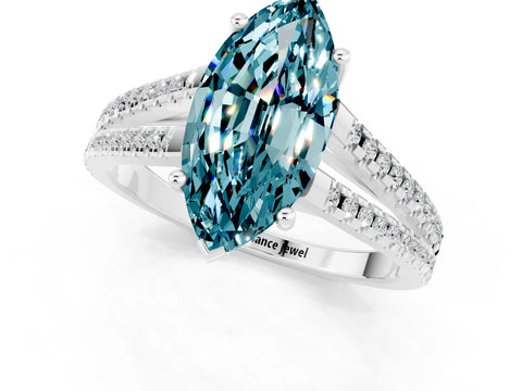 White gold Marquise Cut Blue Topaz Solitaire Engagement Ring with Split Shank Pavé Band_1