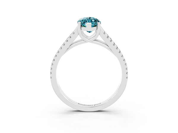 Silver Marquise Cut Blue Topaz Solitaire Engagement Ring with Split Shank Pavé Band
