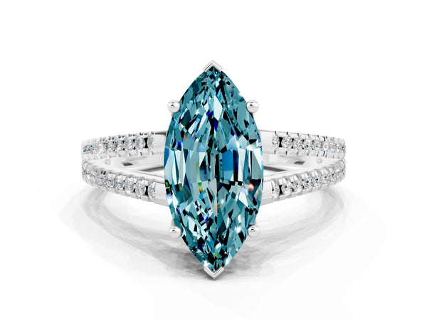 White gold Marquise Cut Blue Topaz Solitaire Engagement Ring with Split Shank Pavé Band