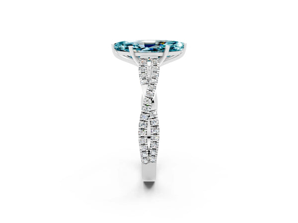 Silver Marquise Cut Blue Topaz Solitaire Engagement Ring with Twisted Pavé Band and Four-Prong Setting