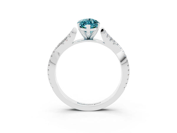 Platinum Marquise Cut Blue Topaz Solitaire Engagement Ring with Twisted Pavé Band and Four-Prong Setting