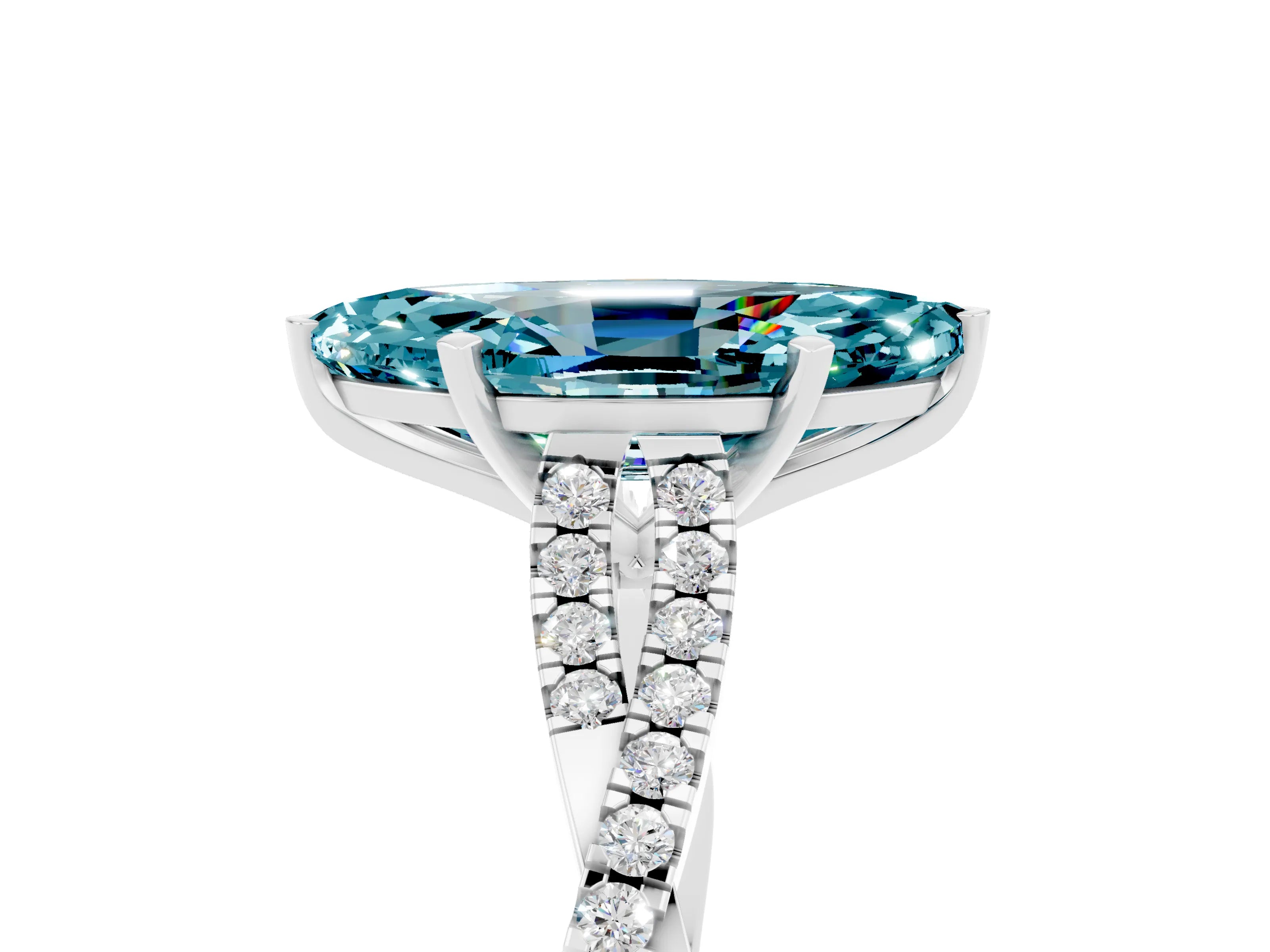 White gold Marquise Cut Blue Topaz Solitaire Engagement Ring with Twisted Pavé Band and Four-Prong Setting_5