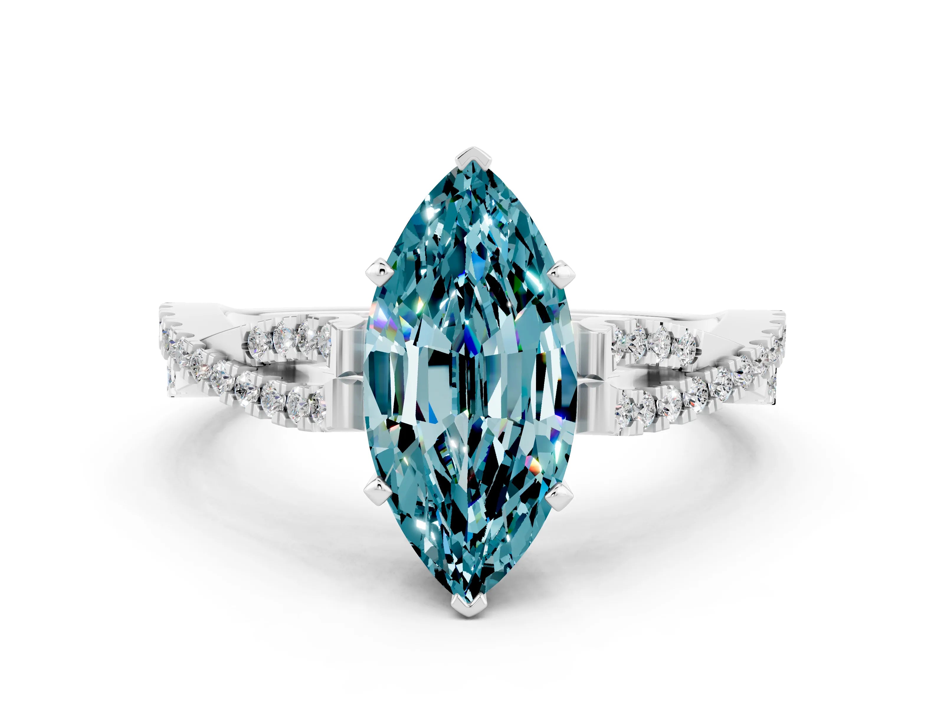 White gold Marquise Cut Blue Topaz Solitaire Engagement Ring with Twisted Pavé Band and Four-Prong Setting