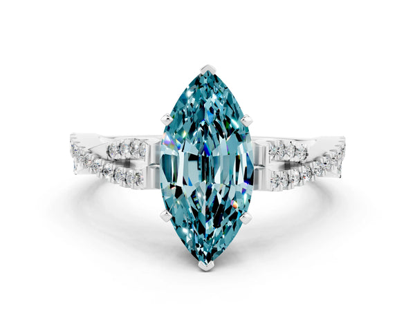 White gold Marquise Cut Blue Topaz Solitaire Engagement Ring with Twisted Pavé Band and Four-Prong Setting