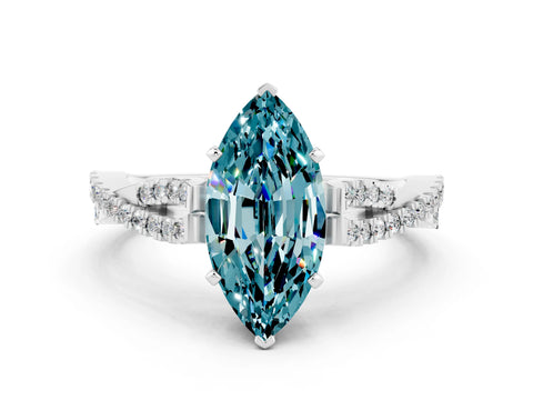 White gold Marquise Cut Blue Topaz Solitaire Engagement Ring with Twisted Pavé Band and Four-Prong Setting