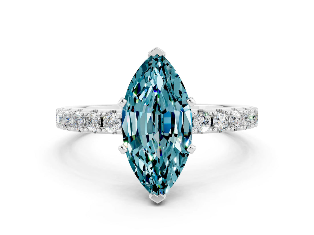 White gold Marquise Cut Blue Topaz Solitaire Pavé Band with Four-Prong Setting