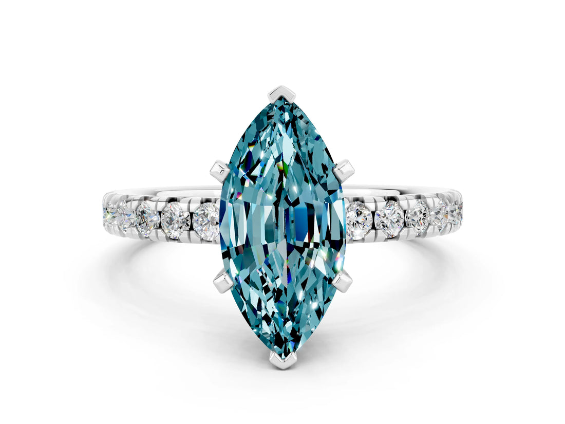 White gold Marquise Cut Blue Topaz Solitaire Pavé Engagement Ring with Round Band and Prong Setting_72