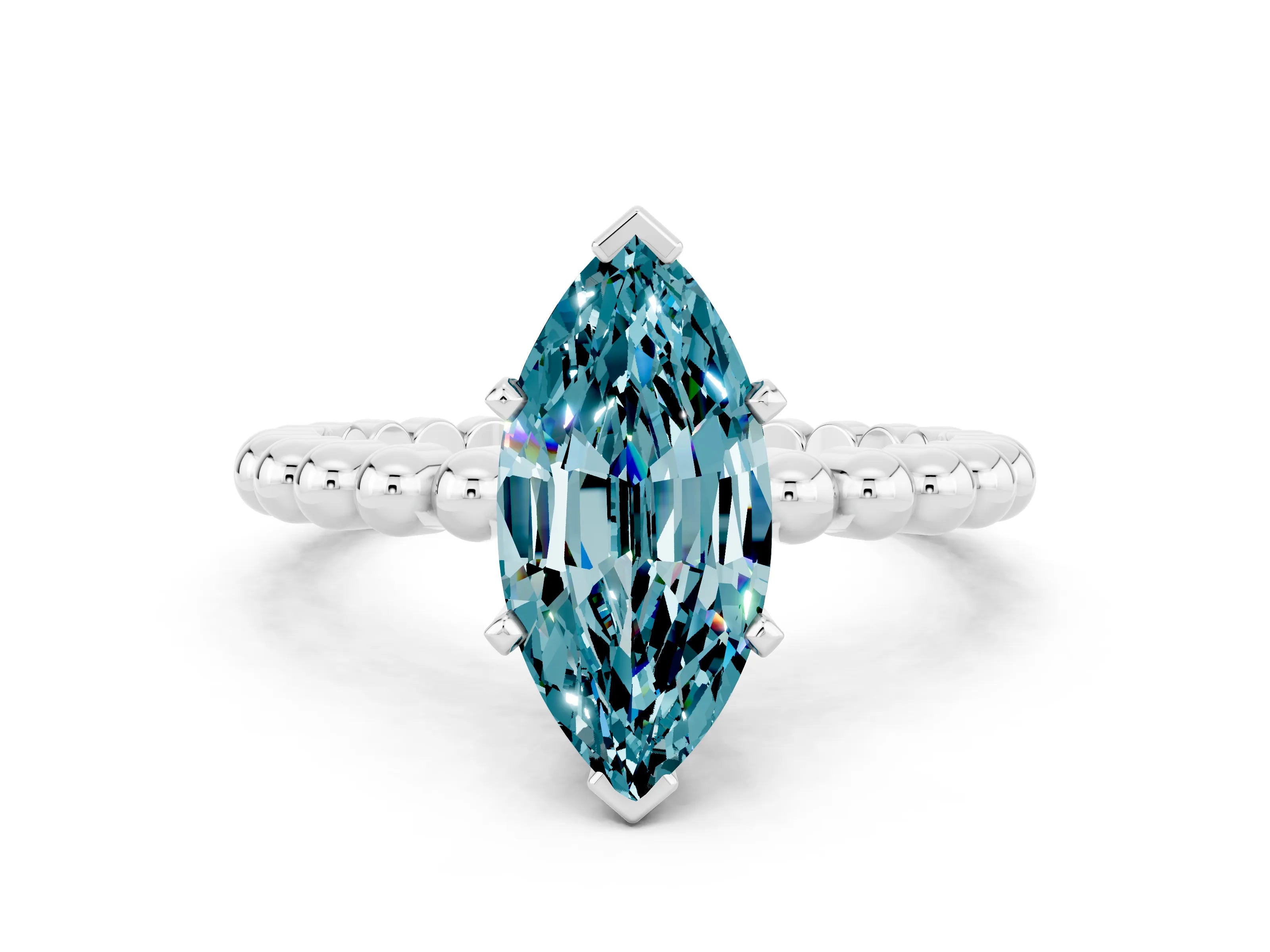 White gold Marquise Cut Blue Topaz Solitaire Ring with Beaded Band and Prong Setting_12