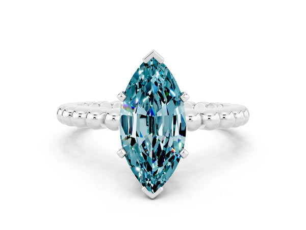White gold Marquise Cut Blue Topaz Solitaire Ring with Beaded Band and Prong Setting