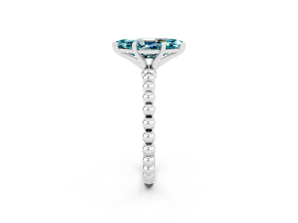 White gold Marquise Cut Blue Topaz Solitaire Ring with Beaded Band and Prong Setting