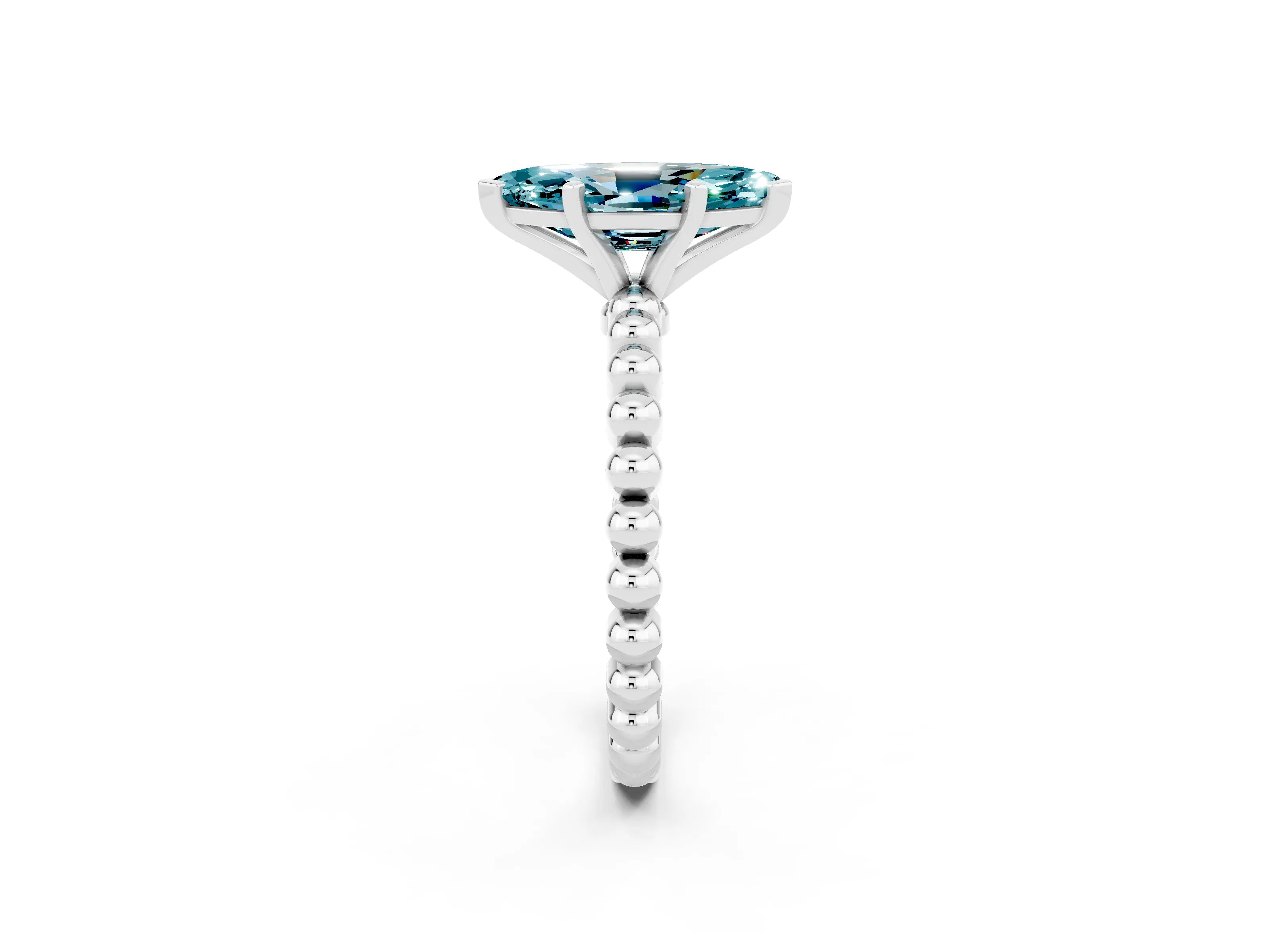 White gold Marquise Cut Blue Topaz Solitaire Ring with Beaded Band and Prong Setting_2
