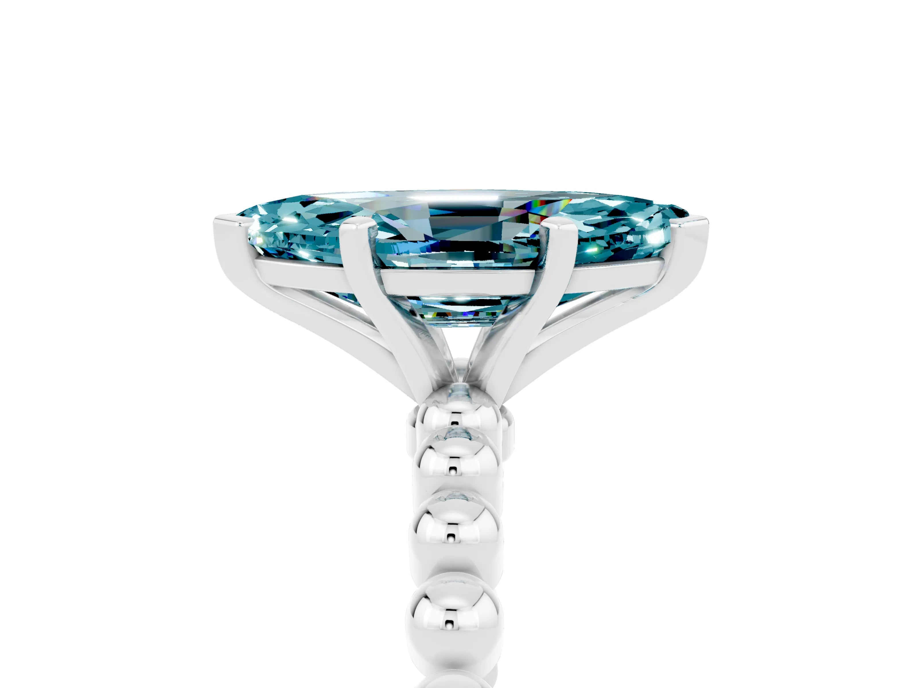 White gold Marquise Cut Blue Topaz Solitaire Ring with Beaded Band and Prong Setting_5