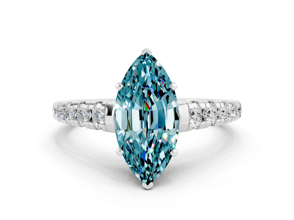 Platinum Marquise Cut Blue Topaz Cathedral Solitaire Ring with Round  Pavé Band