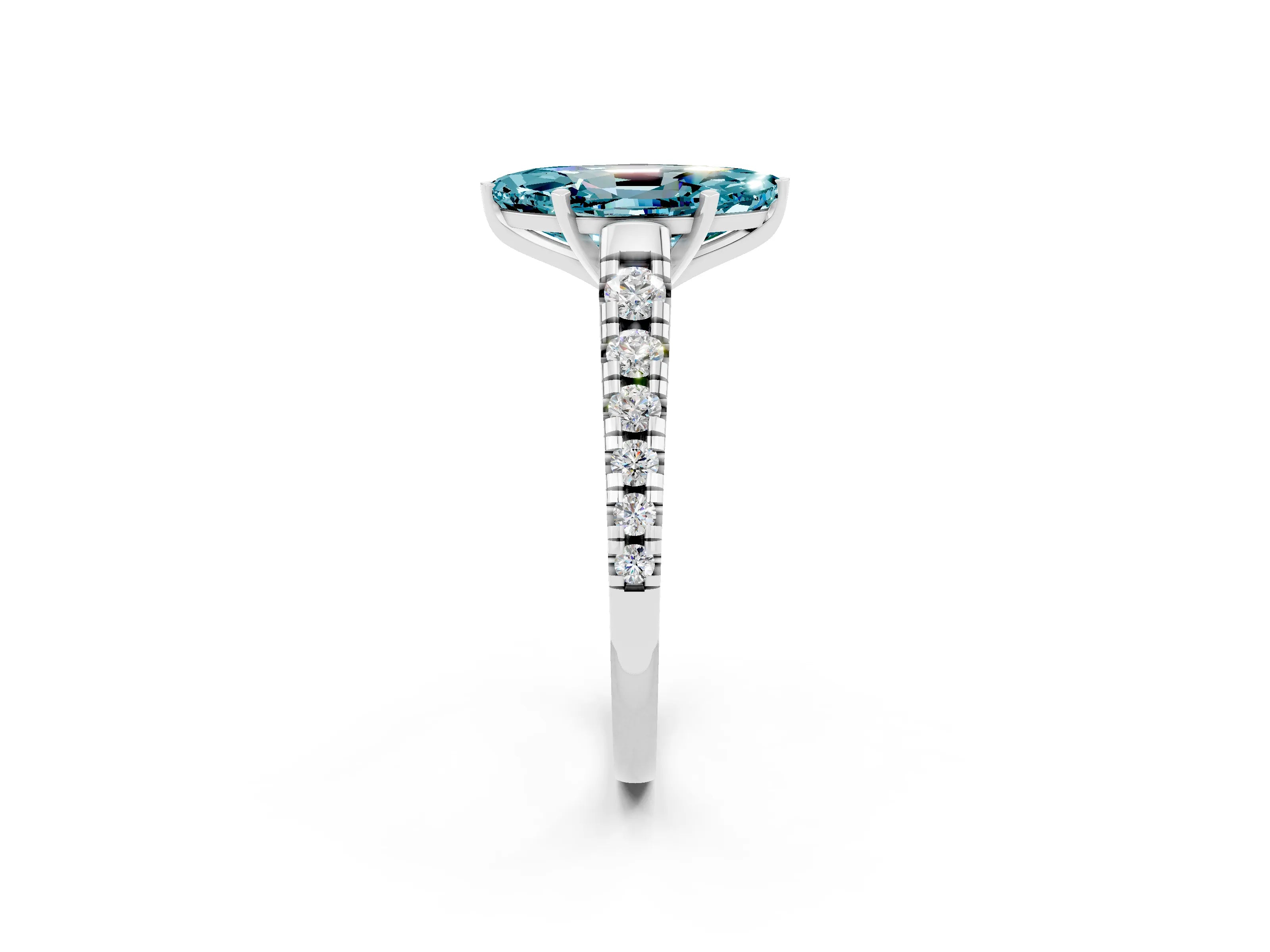 White gold Marquise Cut Blue Topaz Solitaire Ring with Cathedral Setting and Pavé Band_2