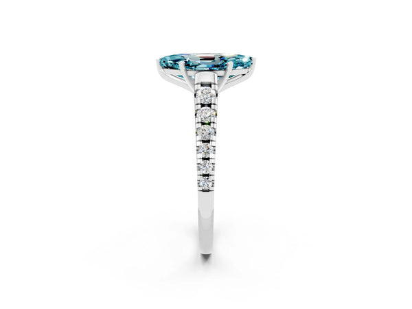 White gold Marquise Cut Blue Topaz Cathedral Solitaire Ring with Round  Pavé Band
