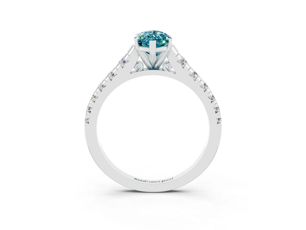 Platinum Marquise Cut Blue Topaz Cathedral Solitaire Ring with Round  Pavé Band
