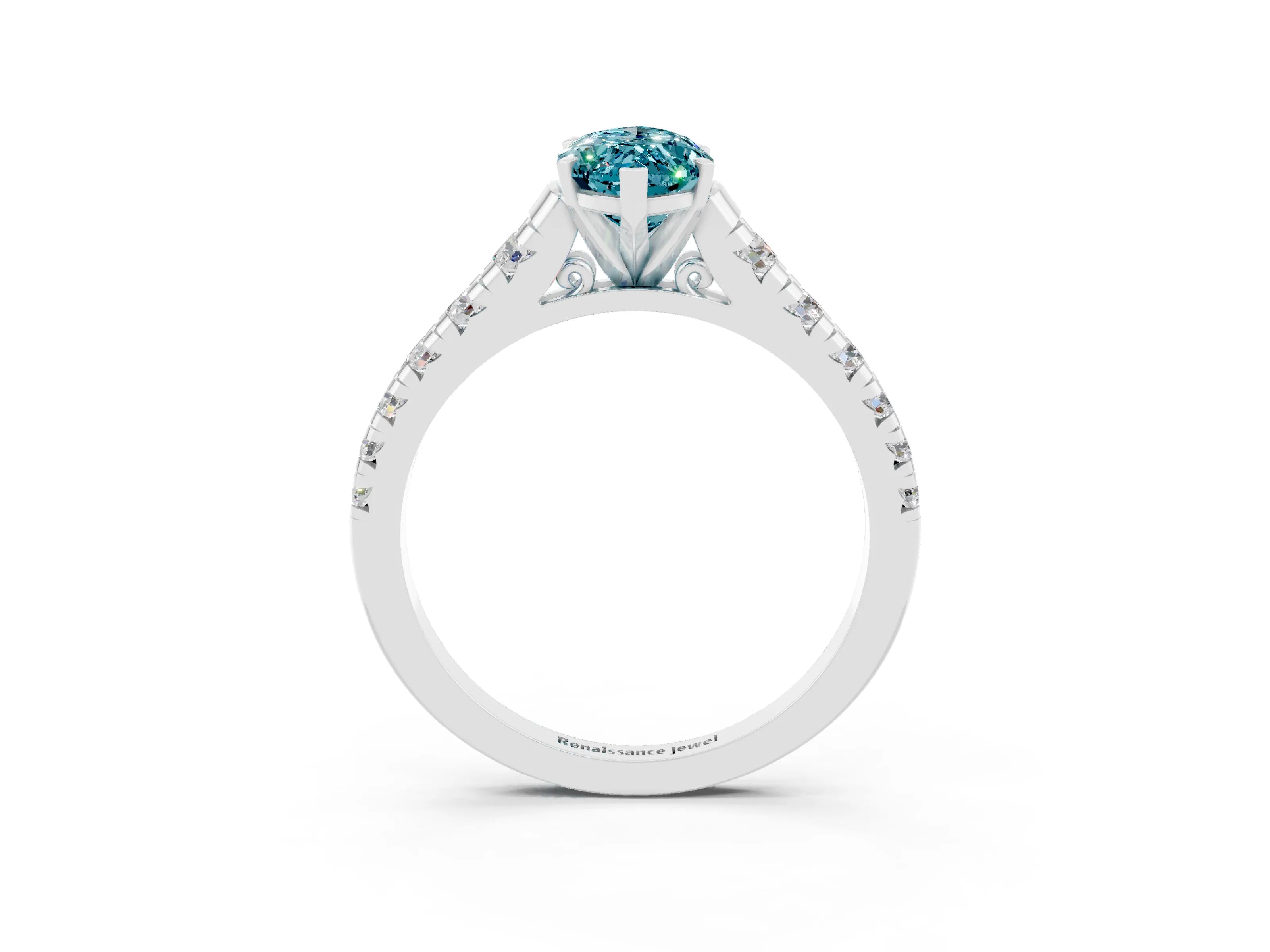 White gold Marquise Cut Blue Topaz Solitaire Ring with Cathedral Setting and Pavé Band_3